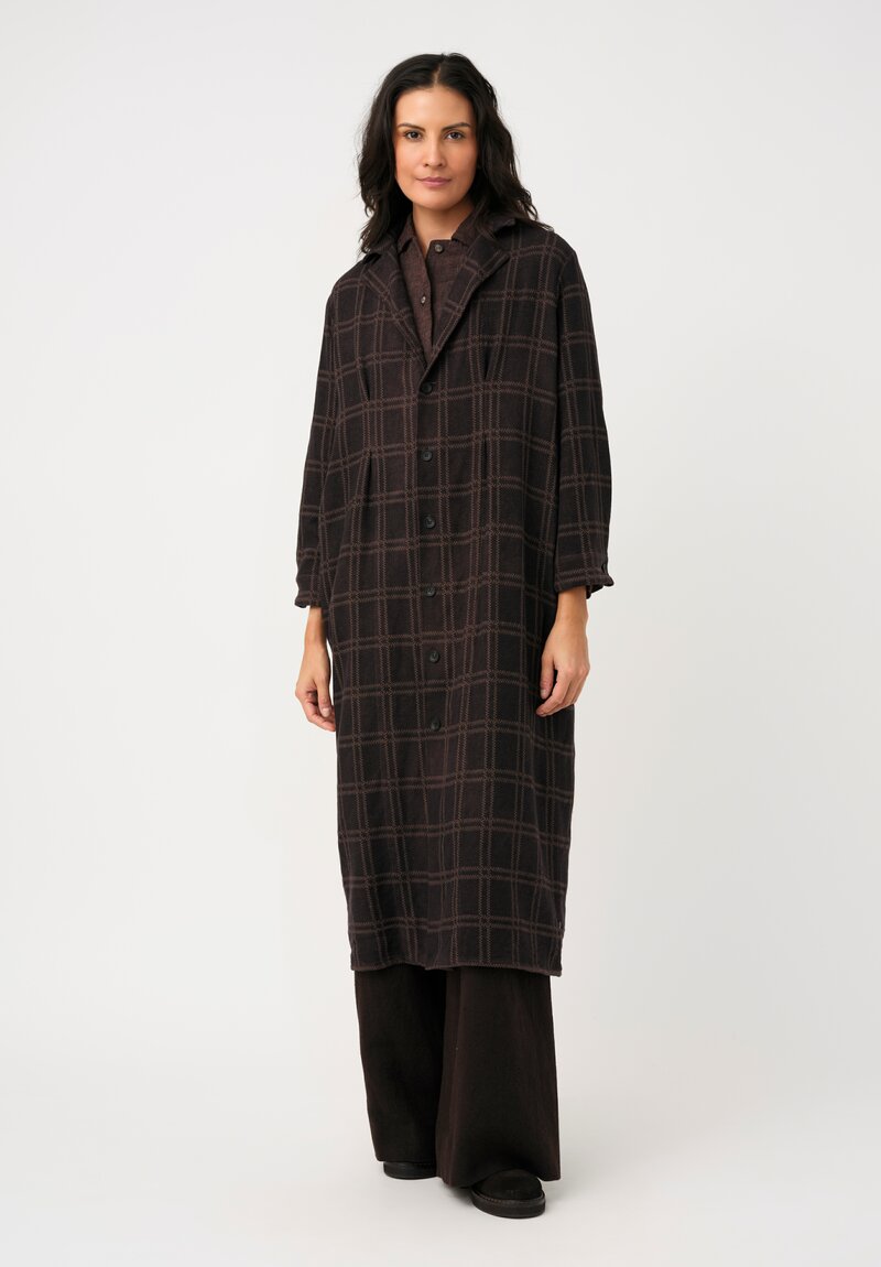 Biek Verstappen Thermal Cotton Pleated Dress Coat in Ash Brown Windowpane Plaid