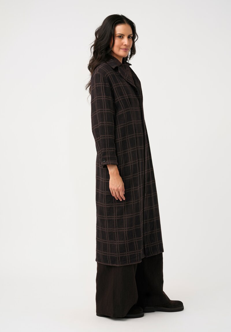 Biek Verstappen Thermal Cotton Pleated Dress Coat in Ash Brown Windowpane Plaid