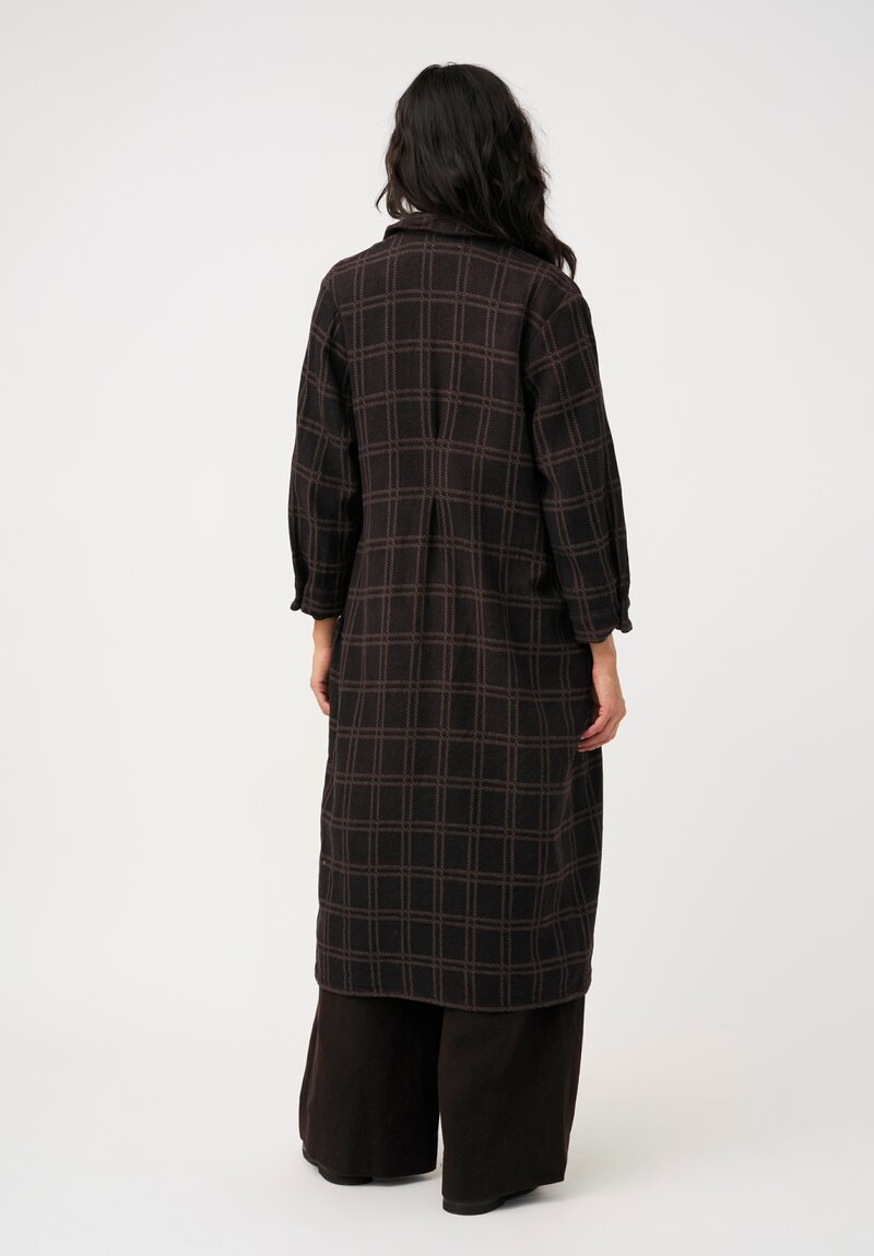 Biek Verstappen Thermal Cotton Pleated Dress Coat in Ash Brown Windowpane Plaid