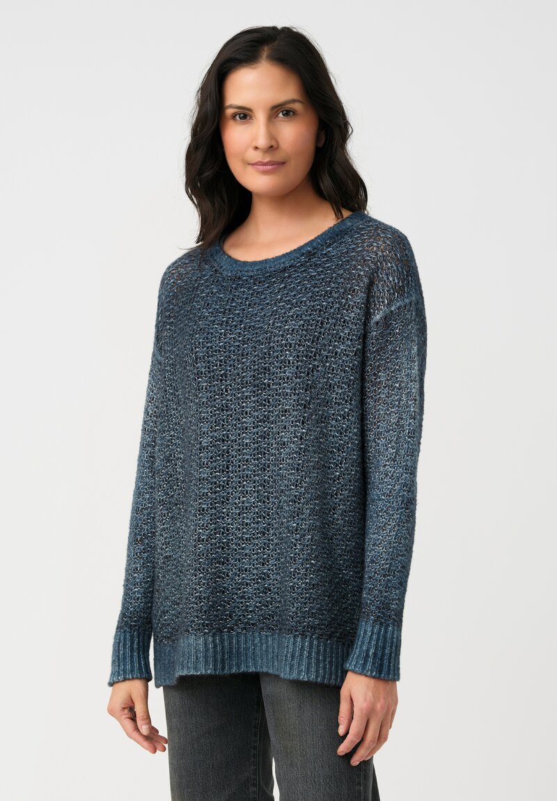 Avant Toi Hand-Painted Cashmere & Silk Traforato Sweater in Fiume Blue