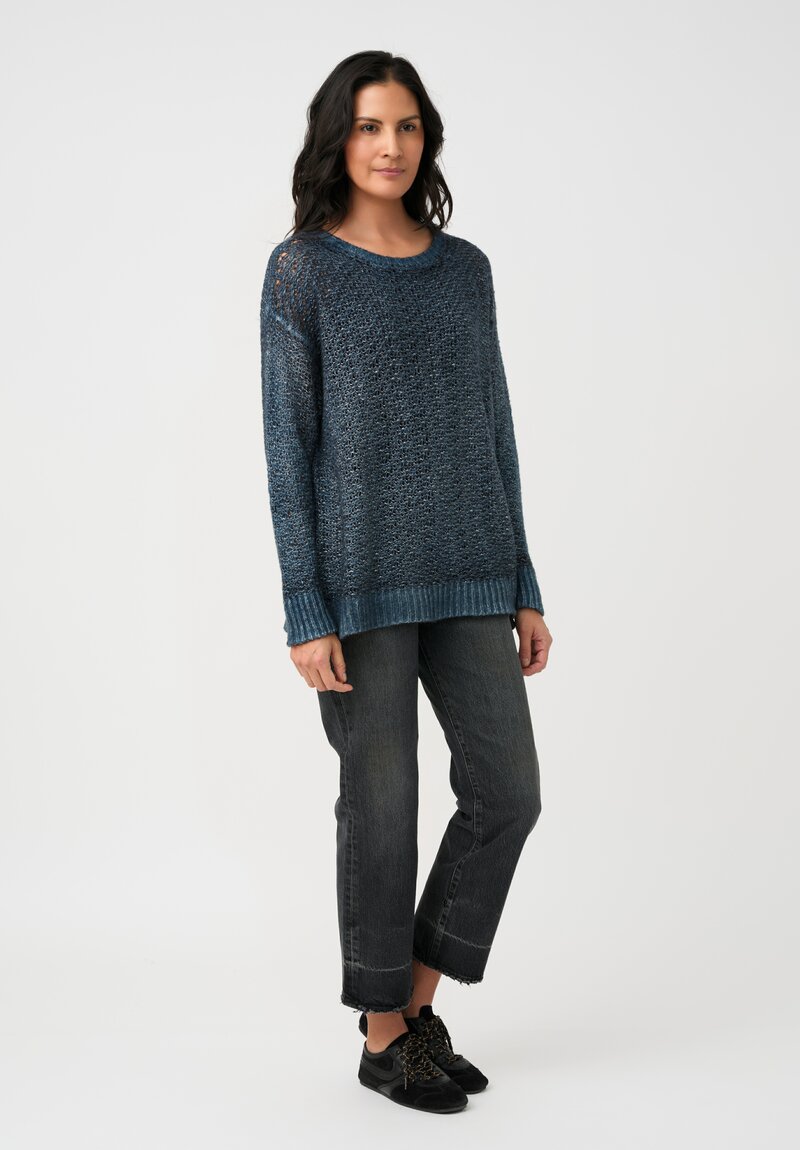 Avant Toi Hand-Painted Cashmere & Silk Traforato Sweater in Fiume Blue