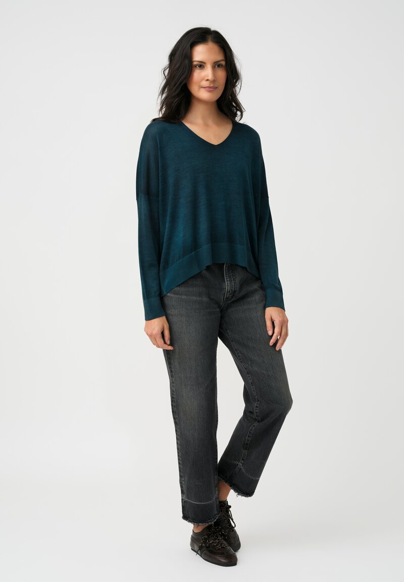 Avant Toi Cashmere & Silk V-Neck Stondata Top in Topazio Teal