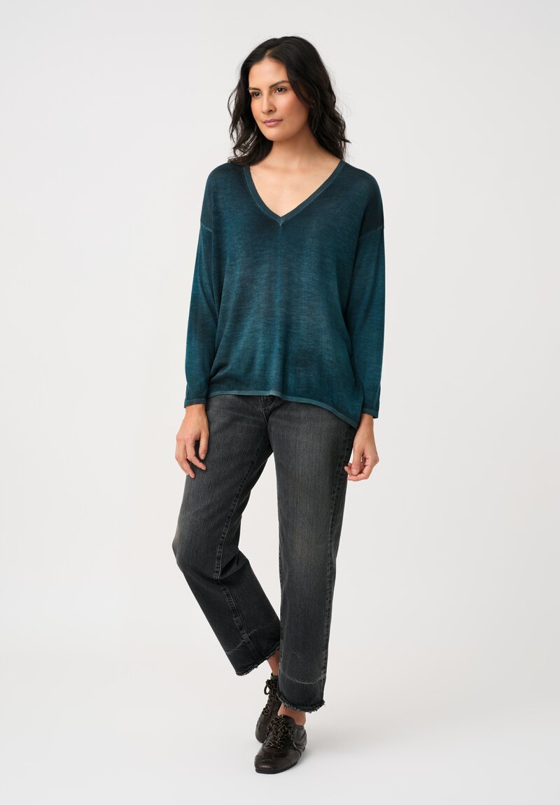 Avant Toi Cashmere & Silk Hand-Painted V-Neck Sweater in Topaz Blue