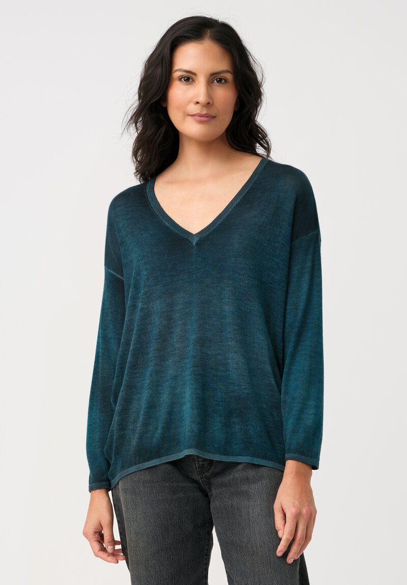 Avant Toi Cashmere & Silk Hand-Painted V-Neck Sweater in Topaz Blue