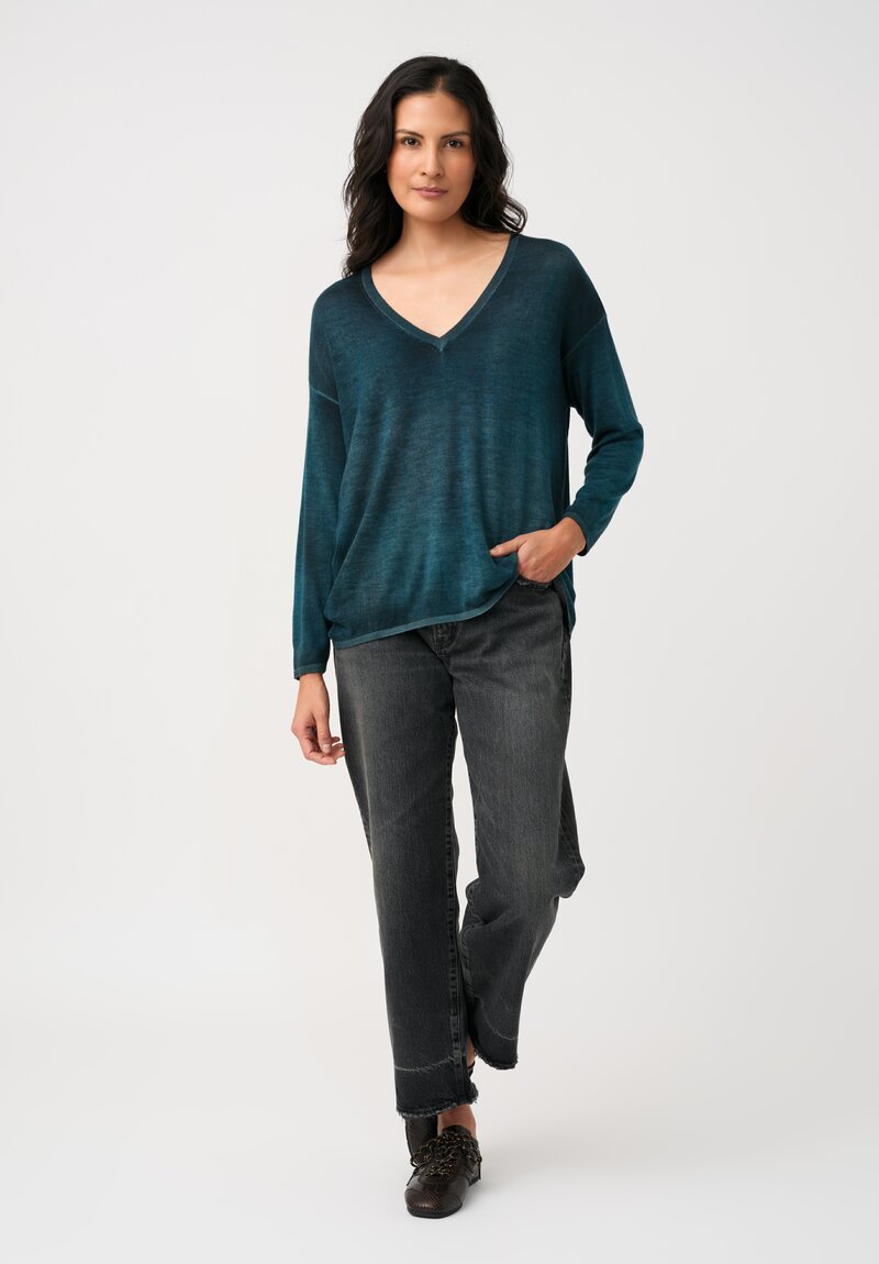 Avant Toi Cashmere & Silk Hand-Painted V-Neck Sweater in Topaz Blue
