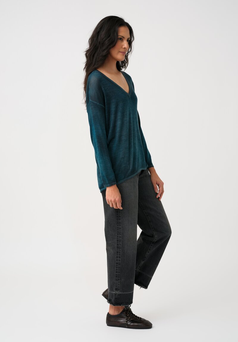 Avant Toi Cashmere & Silk Hand-Painted V-Neck Sweater in Topaz Blue