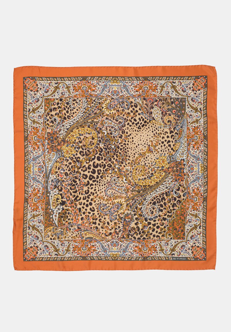 Etro Silk Square Leopard & Paisley Print Turandot Scarf Natural, Brown & Burnt Orange