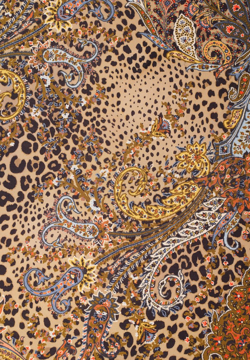 Etro Silk Square Leopard & Paisley Print Turandot Scarf Natural, Brown & Burnt Orange