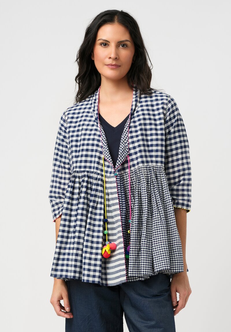 Péro Cotton Silk Striped & Gingham Peplum Jacket with Pompom Tassels