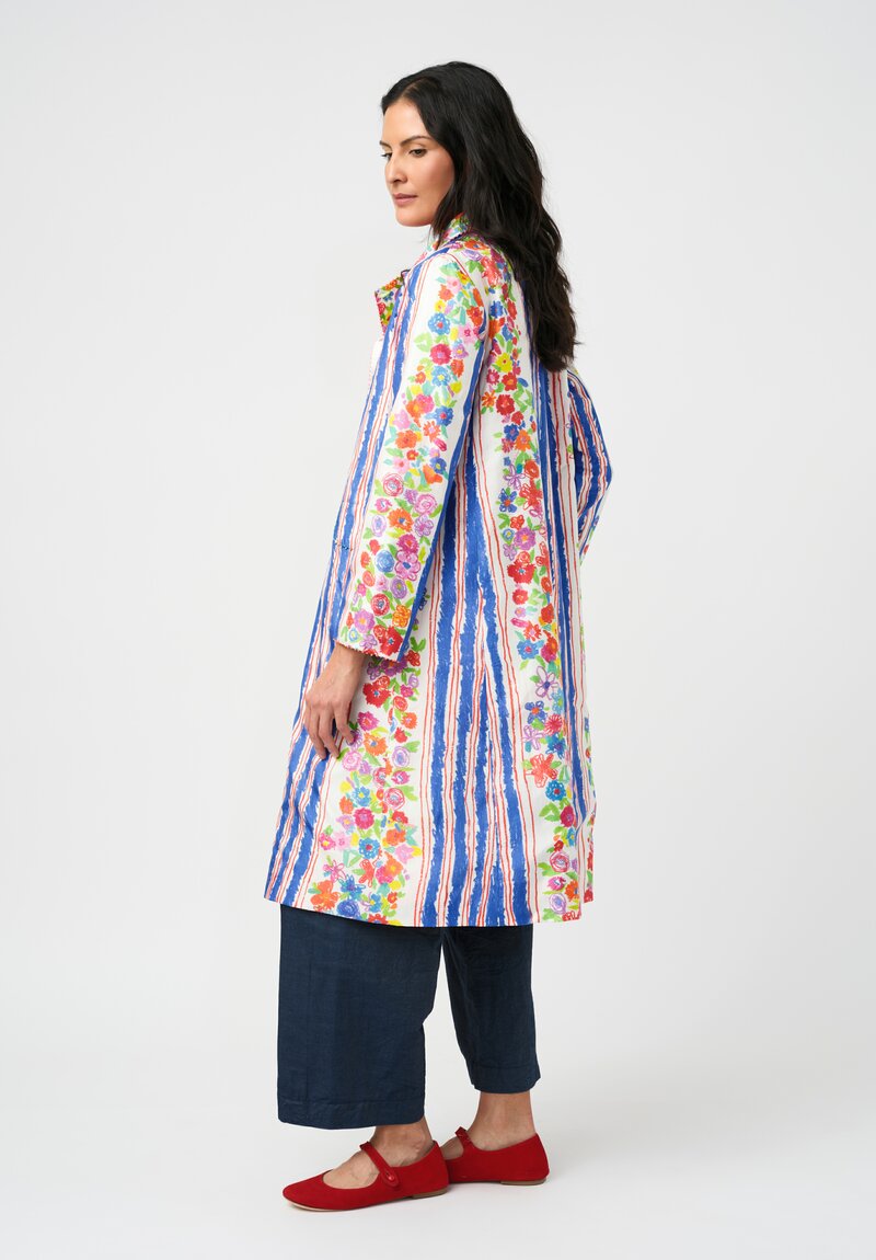 Péro Cotton Silk Illustrated Floral & Stripe Print Double-Breasted Coat