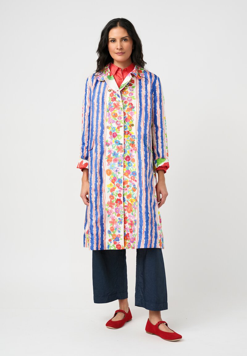 Péro Cotton Silk Illustrated Floral & Stripe Print Double-Breasted Coat