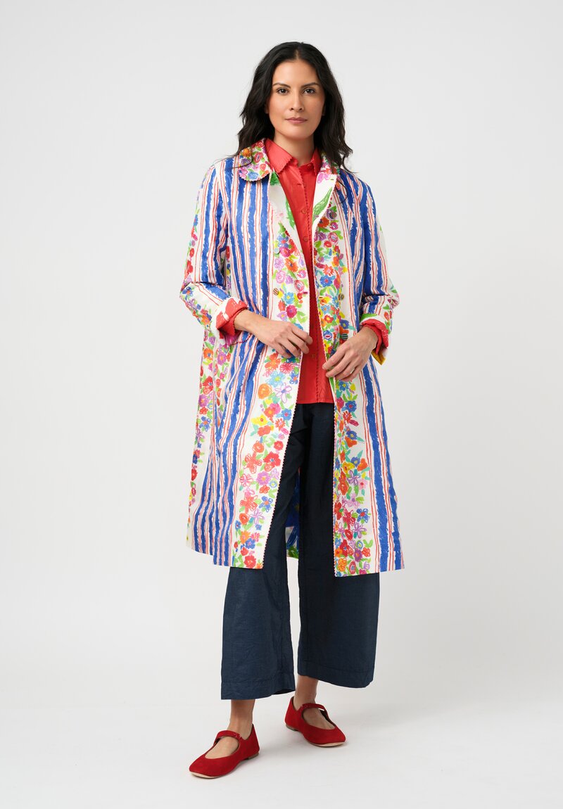 Péro Cotton Silk Illustrated Floral & Stripe Print Double-Breasted Coat