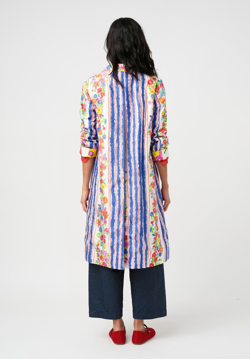 Péro Cotton Silk Illustrated Floral & Stripe Print Double-Breasted Coat