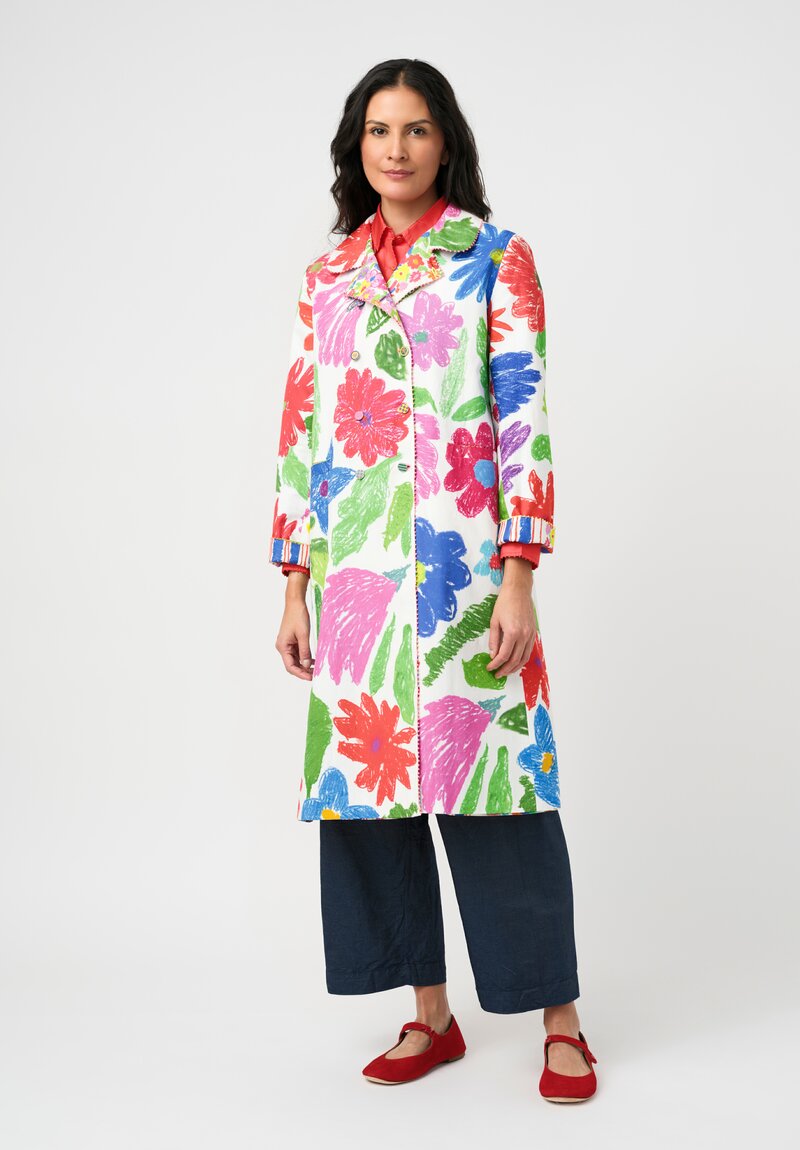 Péro Cotton Silk Illustrated Floral & Stripe Print Double-Breasted Coat