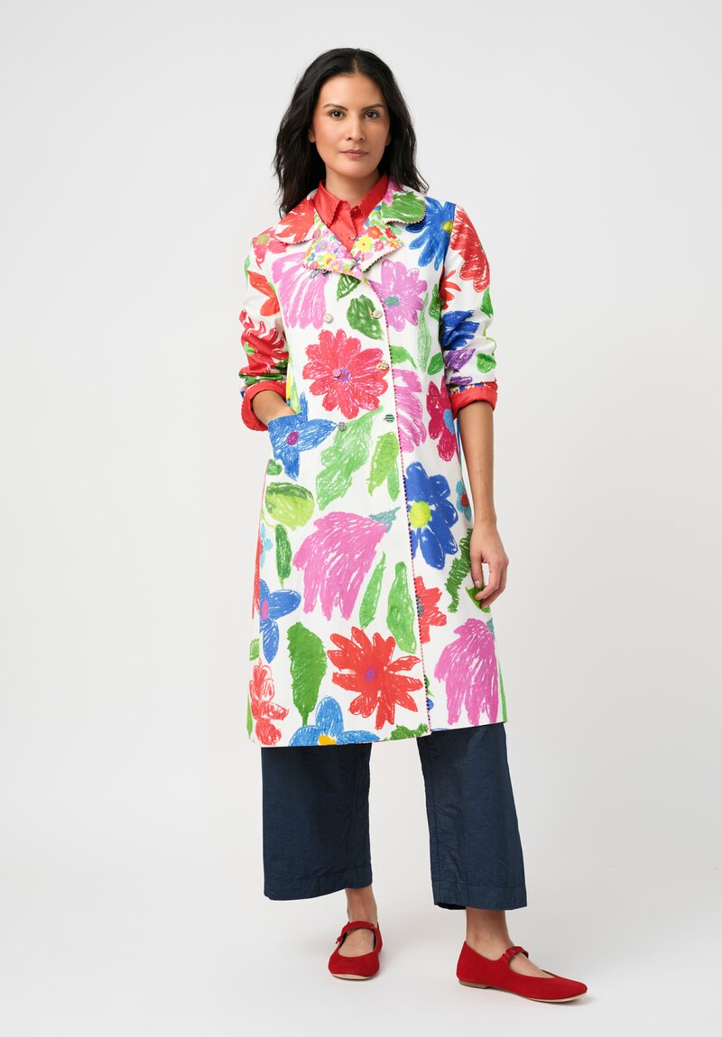 Péro Cotton Silk Illustrated Floral & Stripe Print Double-Breasted Coat