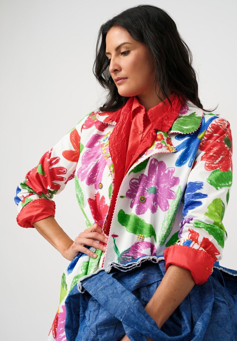Péro Cotton Silk Illustrated Floral & Stripe Print Double-Breasted Coat