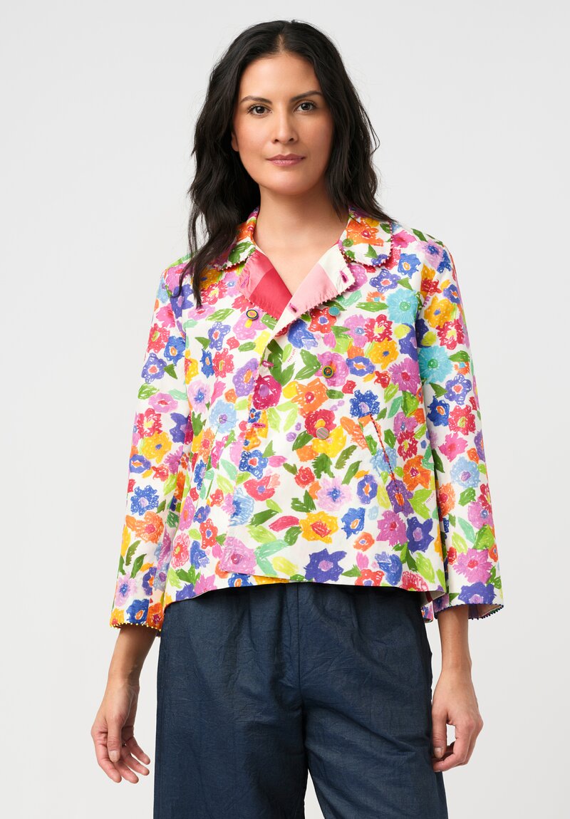 Péro Silk Illustrated Floral Print A-Line Jacket