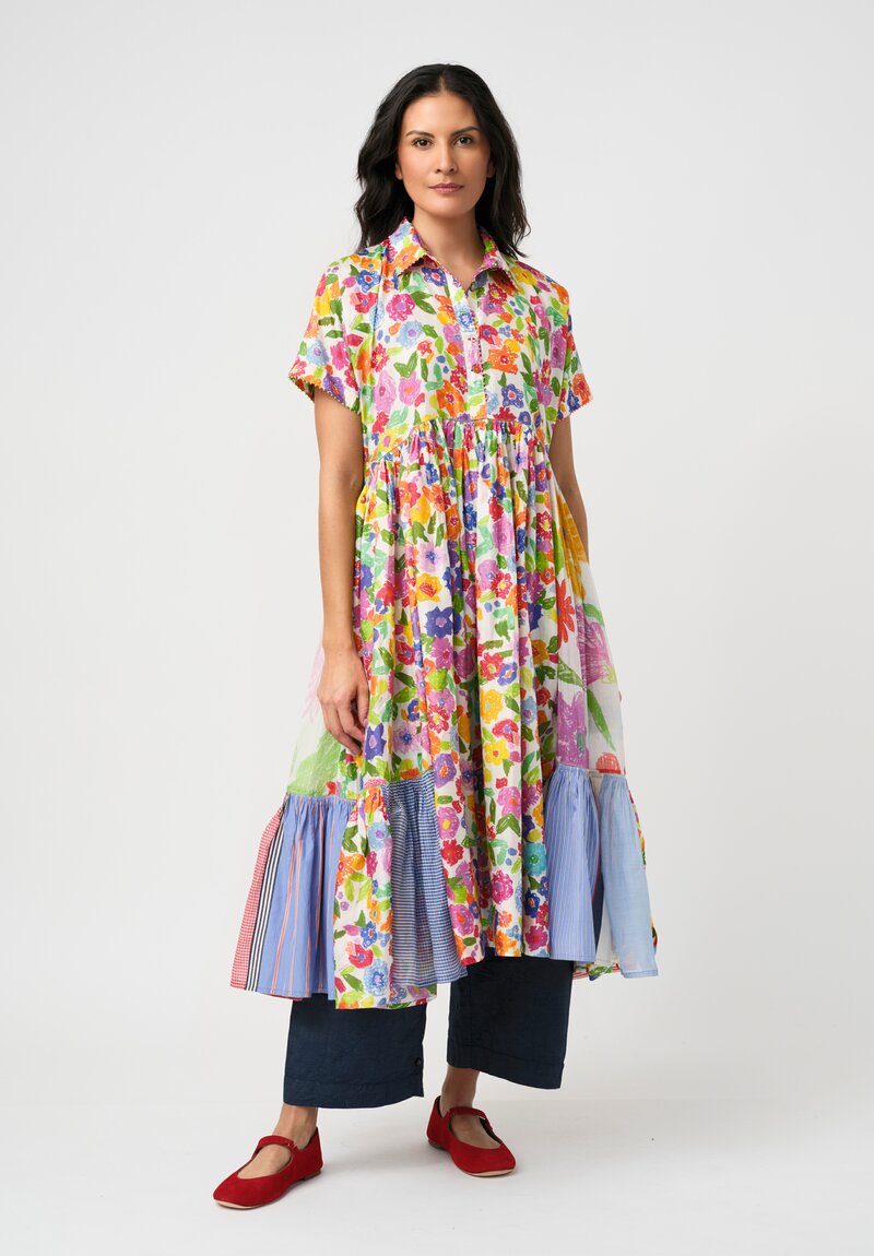 Péro Cotton Silk Illustrated Floral Print Dolman Gathered Dress