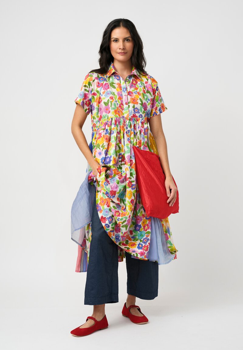 Péro Cotton Silk Illustrated Floral Print Dolman Gathered Dress