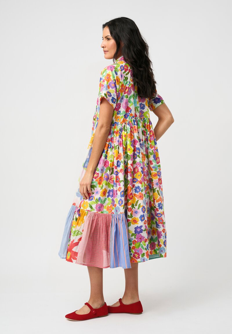Péro Cotton Silk Illustrated Floral Print Dolman Gathered Dress