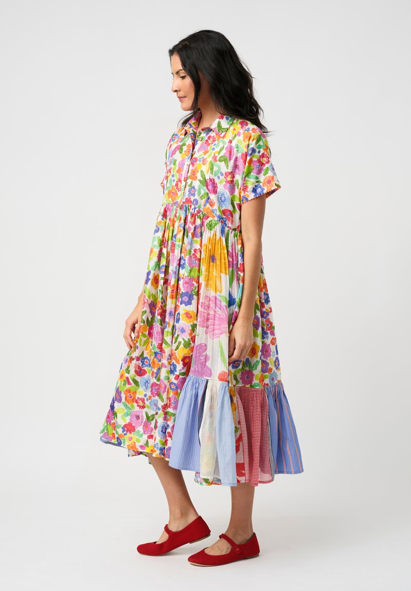Péro Cotton Silk Illustrated Floral Print Dolman Gathered Dress