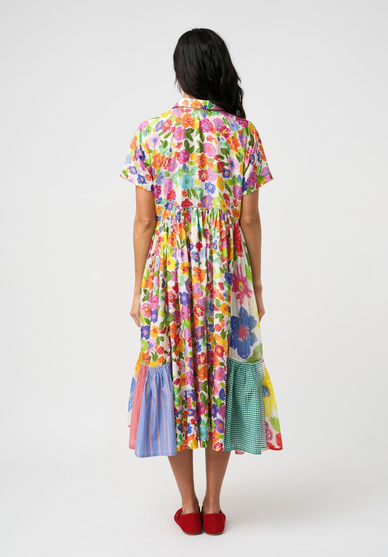 Péro Cotton Silk Illustrated Floral Print Dolman Gathered Dress