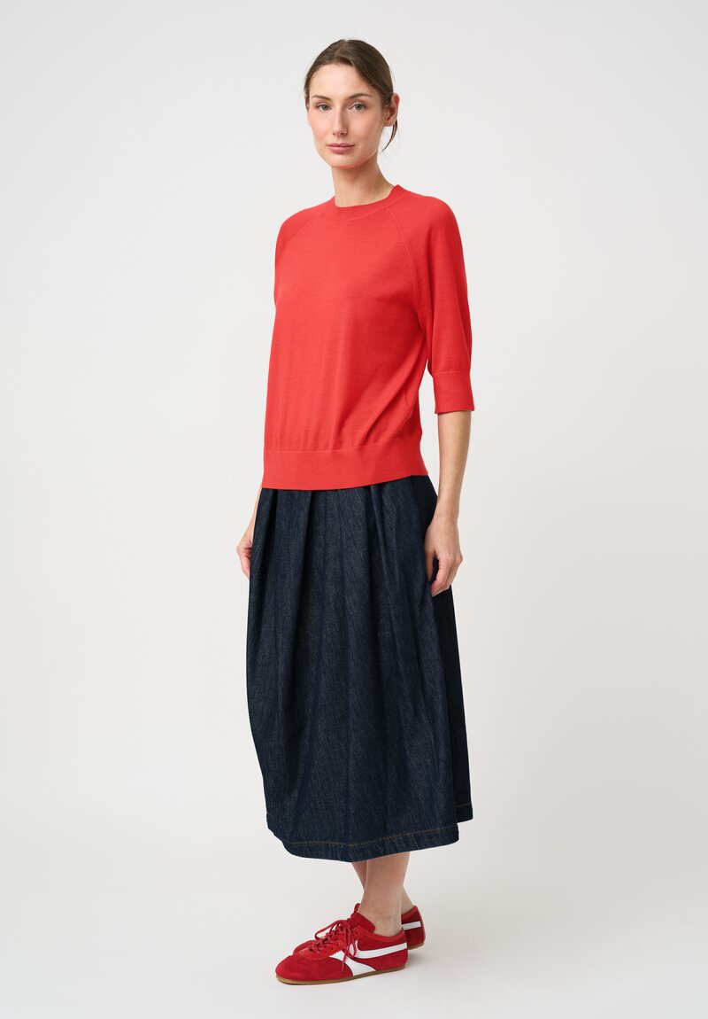 Dries Van Noten Cotton Denim & Leather Patch Pleated Sonista Skirt in Indigo Blue