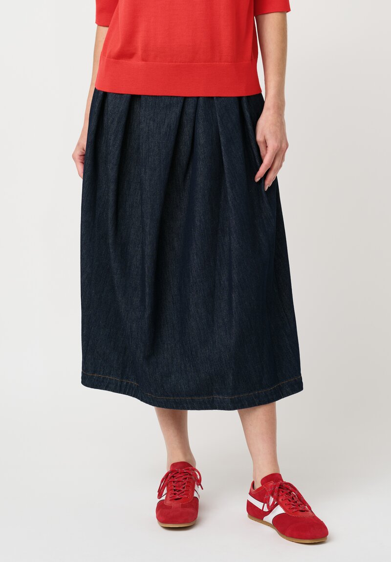Dries Van Noten Cotton Denim & Leather Patch Pleated Sonista Skirt in Indigo Blue