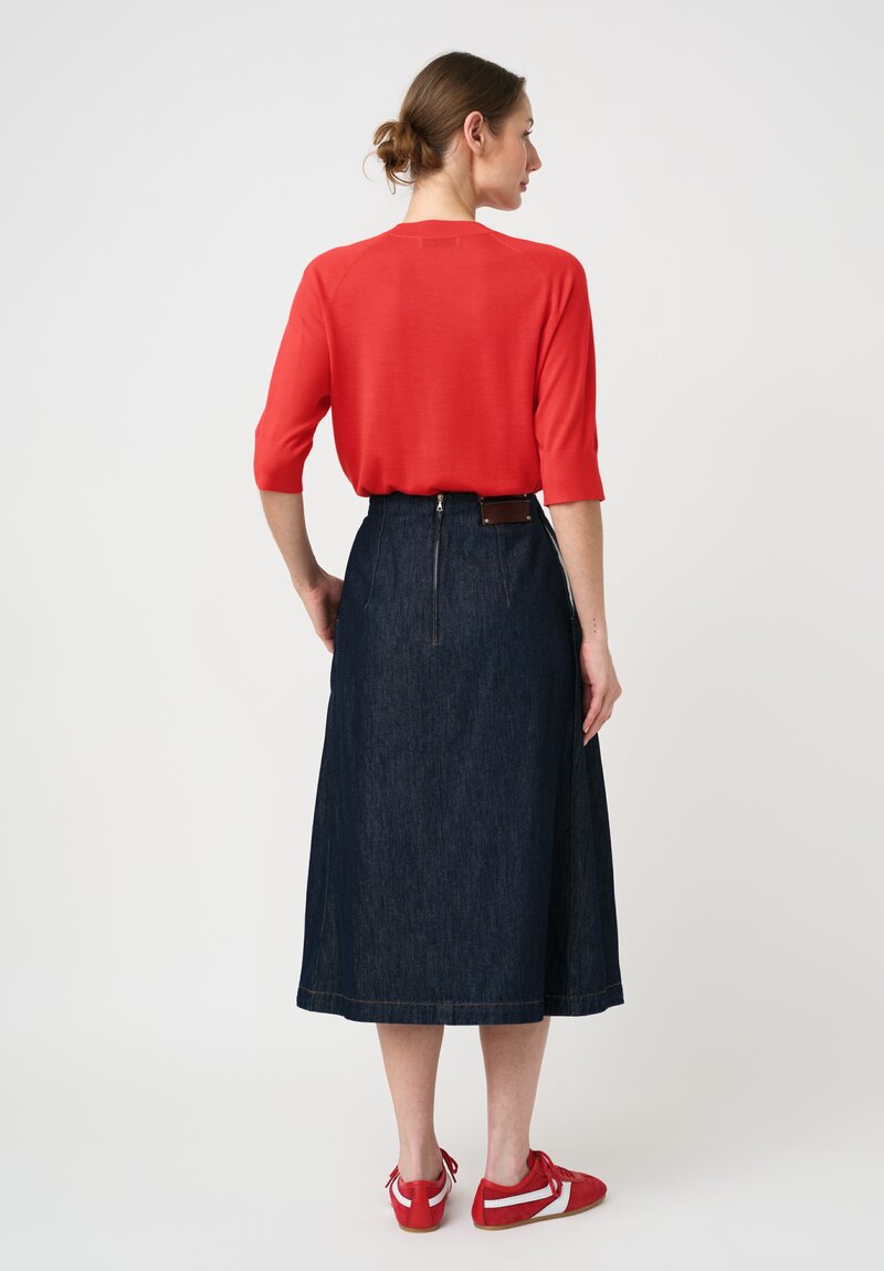 Dries Van Noten Cotton Denim & Leather Patch Pleated Sonista Skirt in Indigo Blue