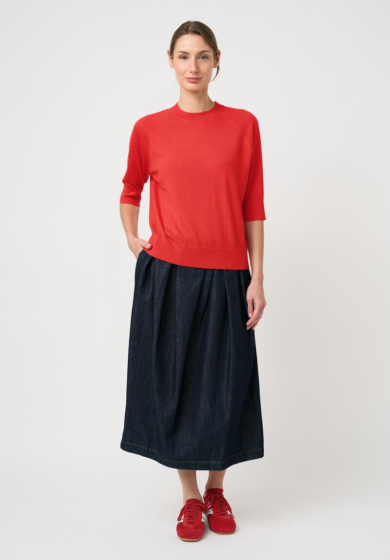 Dries Van Noten Cotton Denim & Leather Patch Pleated Sonista Skirt in Indigo Blue