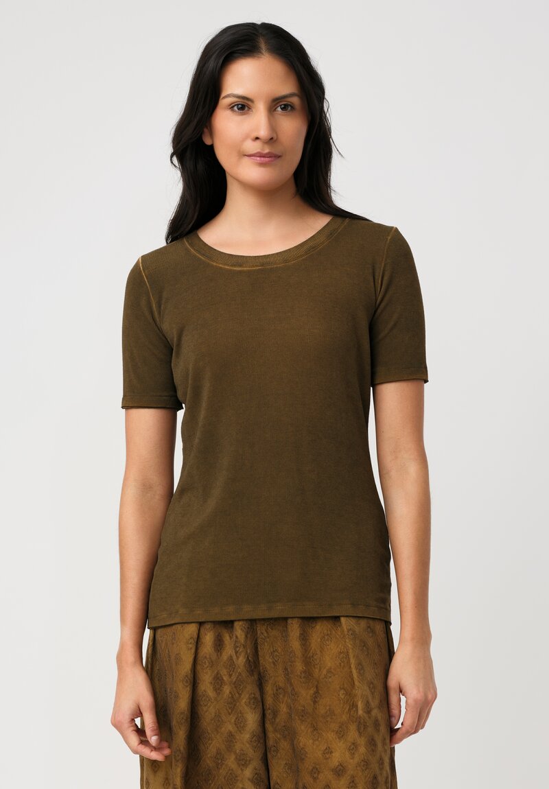 Uma Wang Ribbed Knit Round Neck Tir Tee in Brown Mustard