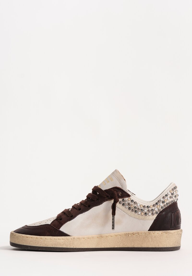 Golden Goose Leather Ballstar Sneakers with Crystal Pearl Studded Collar & Laminated Star