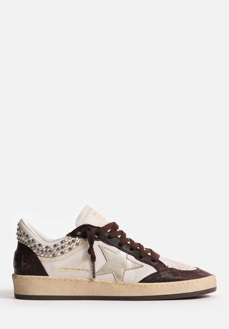 Golden Goose Leather Ballstar Sneakers with Crystal Pearl Studded Collar & Laminated Star