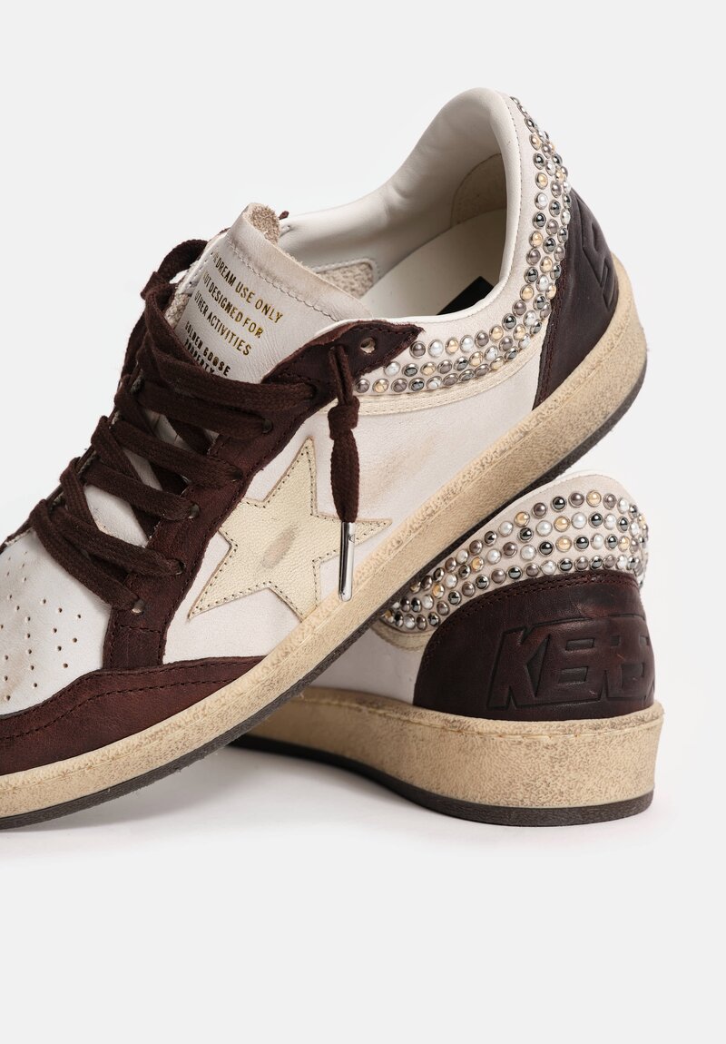 Golden Goose Leather Ballstar Sneakers with Crystal Pearl Studded Collar & Laminated Star
