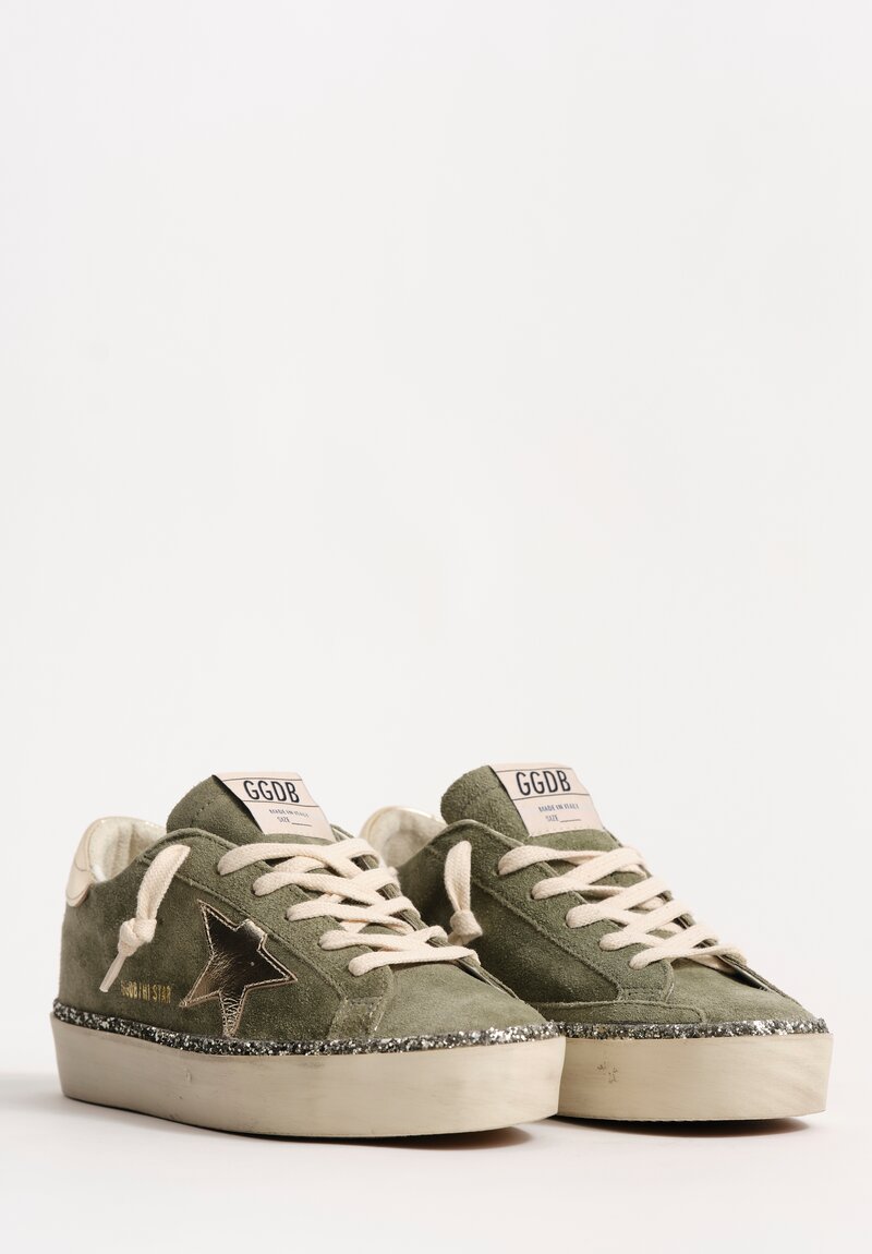 Golden Goose Waxed Suede & Laminated Leather Hi-Star Sneakers with Glitter Foxing