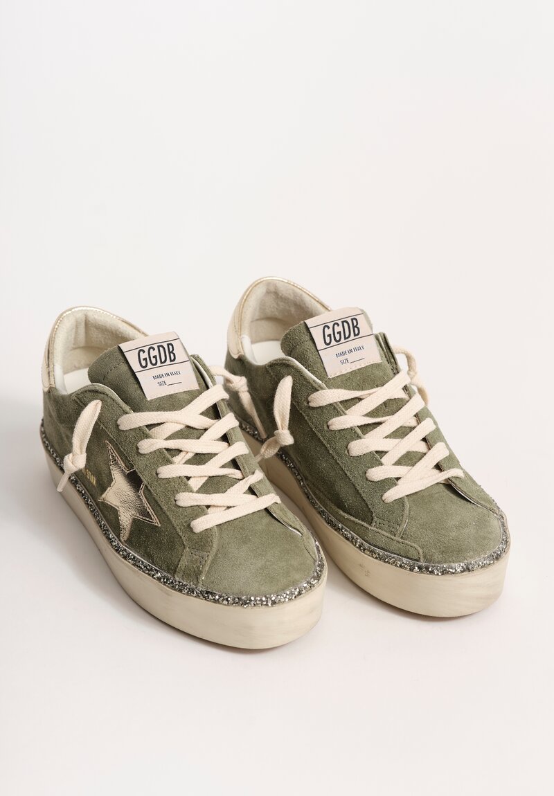 Golden Goose Waxed Suede & Laminated Leather Hi-Star Sneakers with Glitter Foxing