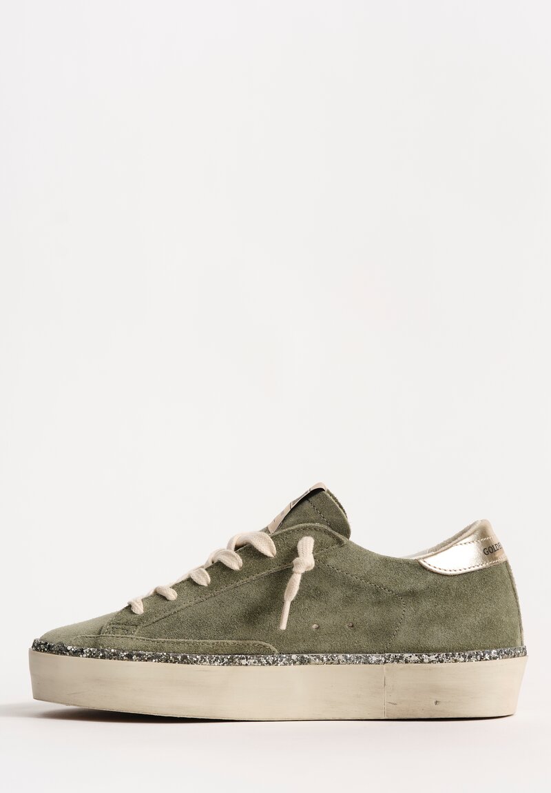 Golden Goose Waxed Suede & Laminated Leather Hi-Star Sneakers with Glitter Foxing