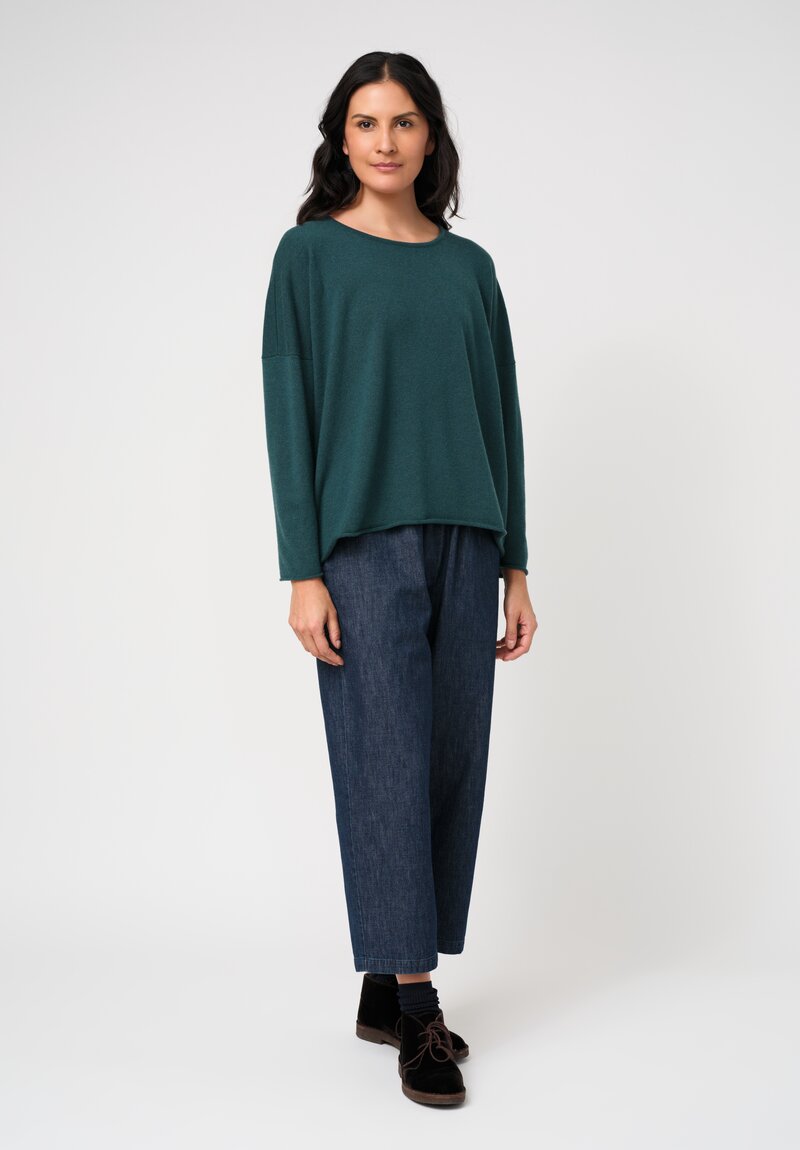 Eskandar Cashmere Rolled Edge Rounded Bateau Neck Sweater in Lagoon Green	