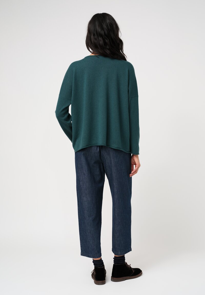 Eskandar Cashmere Rolled Edge Rounded Bateau Neck Sweater in Lagoon Green	