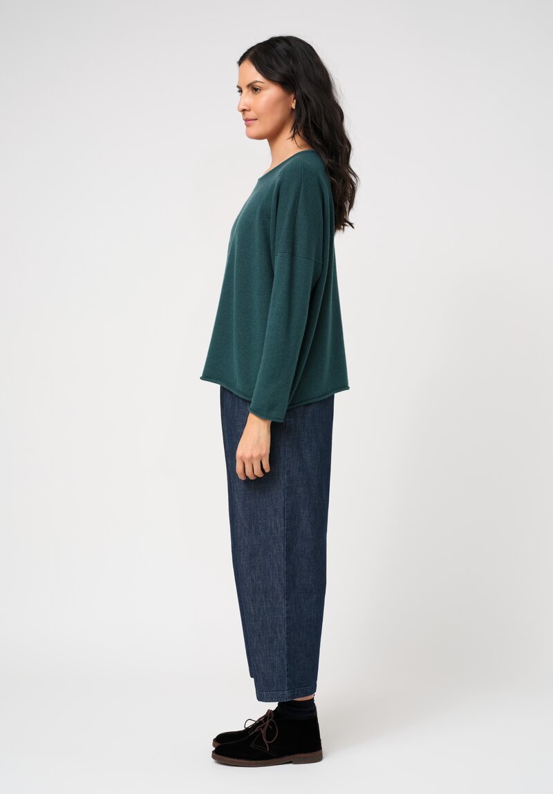 Eskandar Cashmere Rolled Edge Rounded Bateau Neck Sweater in Lagoon Green	