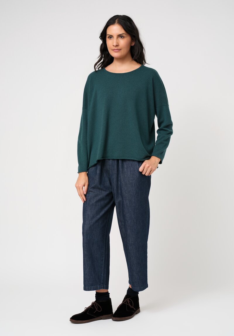 Eskandar Cashmere Rolled Edge Rounded Bateau Neck Sweater in Lagoon Green	