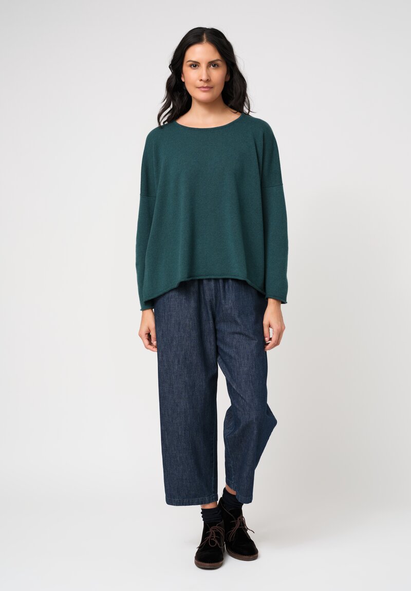 Eskandar Cashmere Rolled Edge Rounded Bateau Neck Sweater in Lagoon Green	