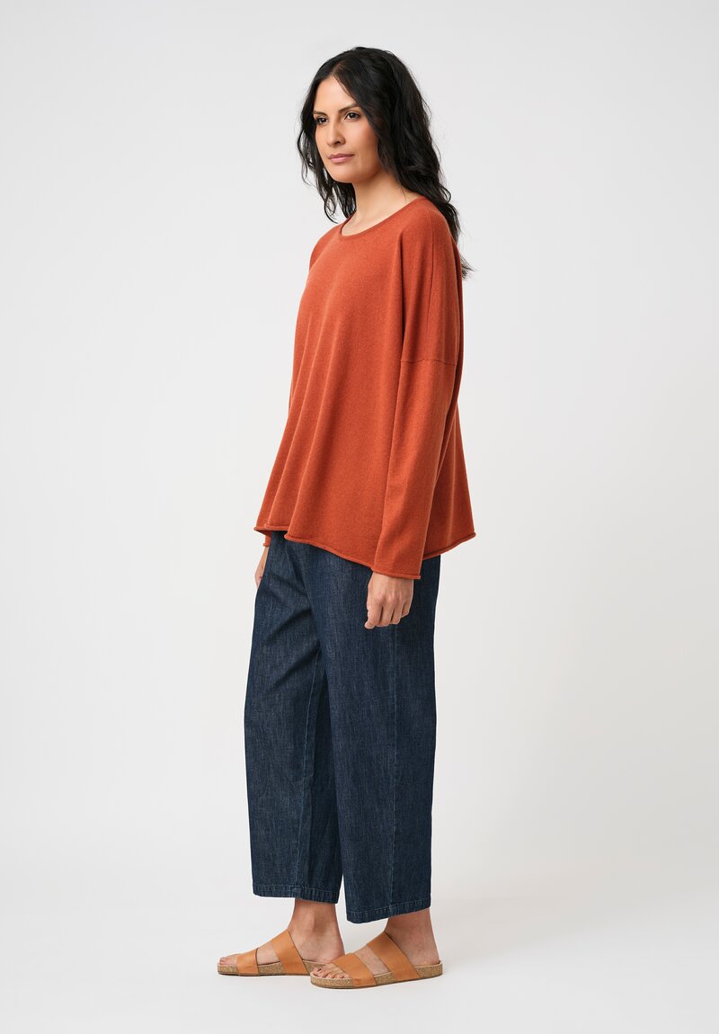 Eskandar Cashmere Rolled Edge Rounded Bateau Neck Sweater in Rust Orange