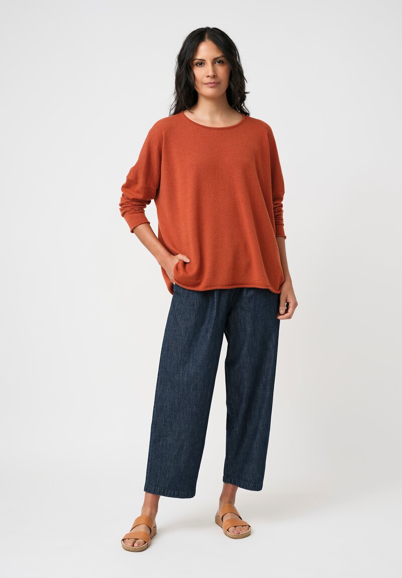 Eskandar Cashmere Rolled Edge Rounded Bateau Neck Sweater in Rust Orange