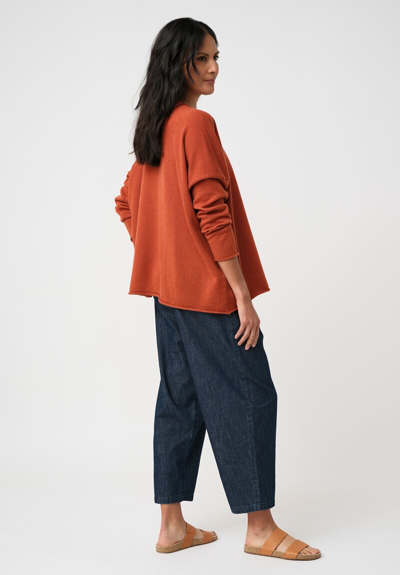 Eskandar Cashmere Rolled Edge Rounded Bateau Neck Sweater in Rust Orange