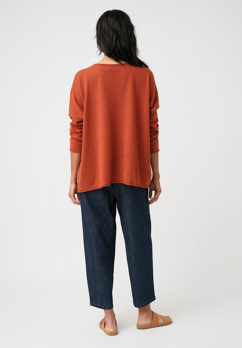 Eskandar Cashmere Rolled Edge Rounded Bateau Neck Sweater in Rust Orange