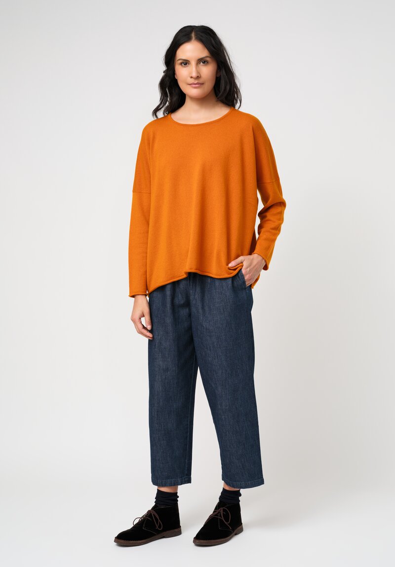 Eskandar Cashmere Rolled Edge Rounded Bateau Neck Sweater in Spice Orange	