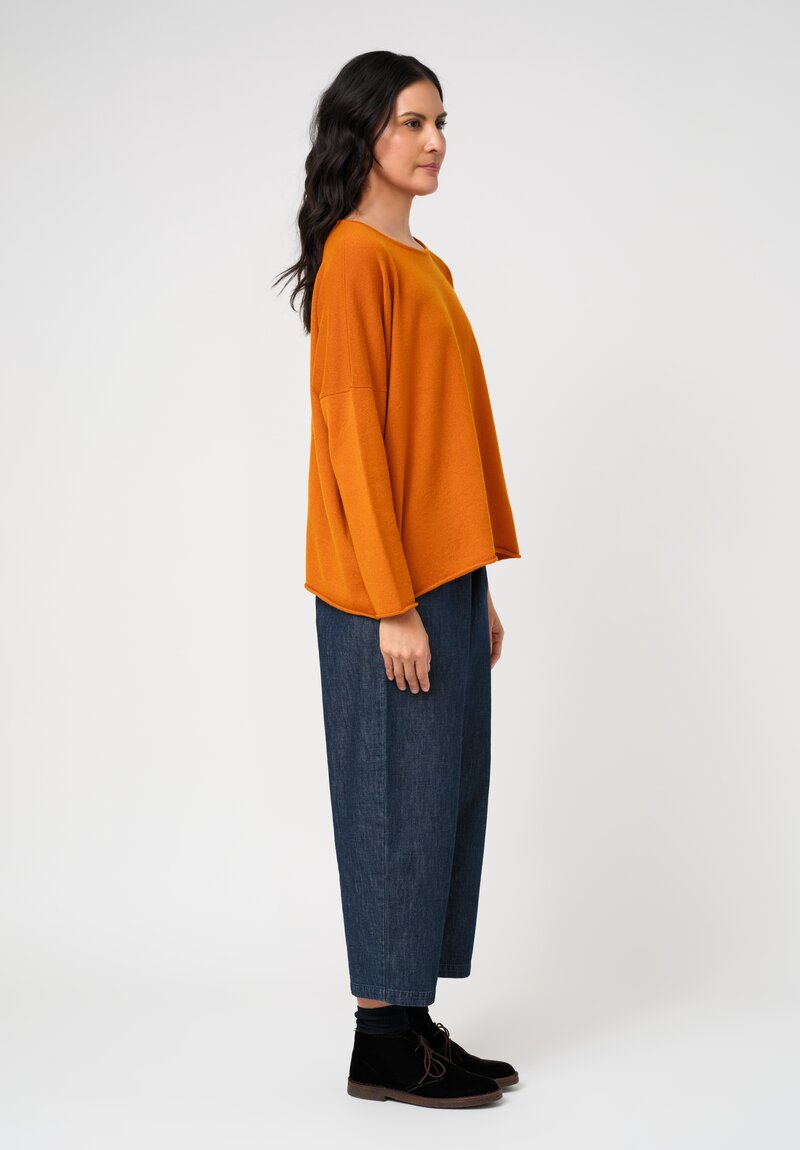 Eskandar Cashmere Rolled Edge Rounded Bateau Neck Sweater in Spice Orange	