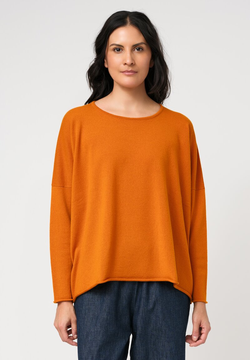 Eskandar Cashmere Rolled Edge Rounded Bateau Neck Sweater in Spice Orange	