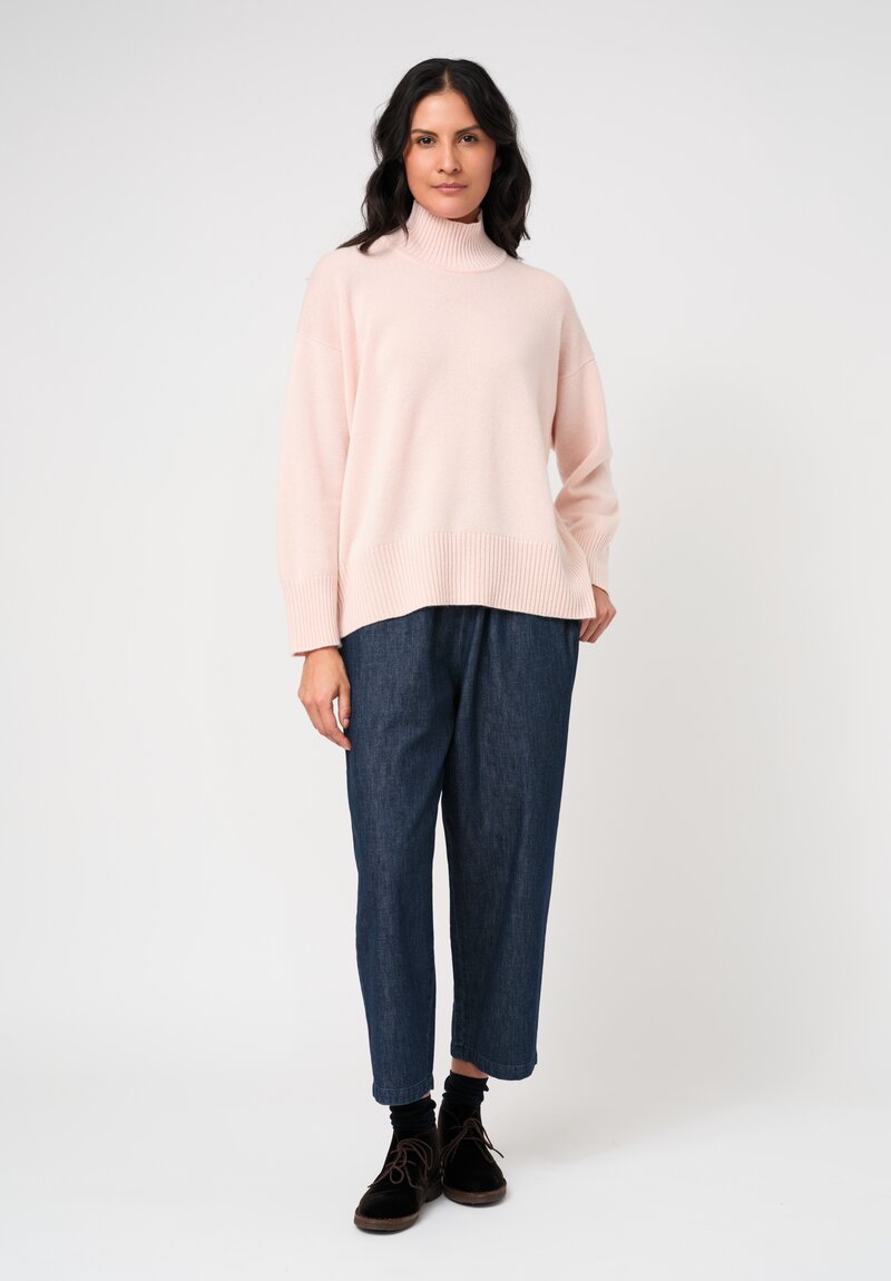 Eskandar Cashmere High Neck Ribbed Edge Sweater in Blush Pink	